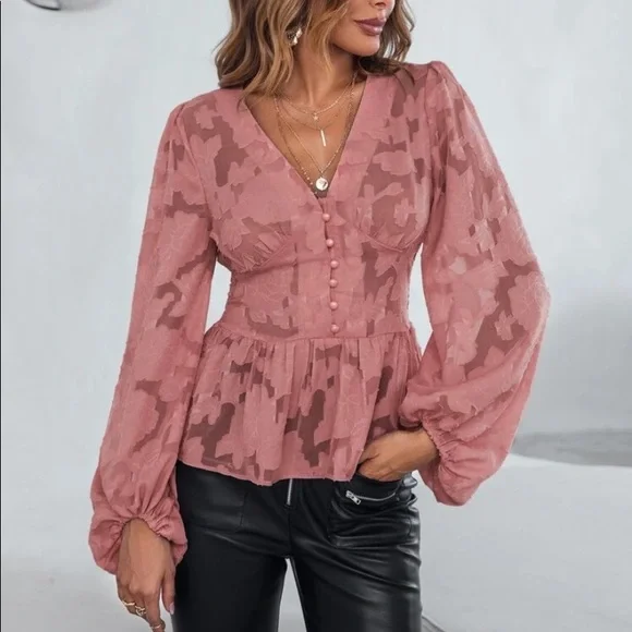 Romantic floral appliqué button detail peplum blouse redwood - Picture 7 of 16